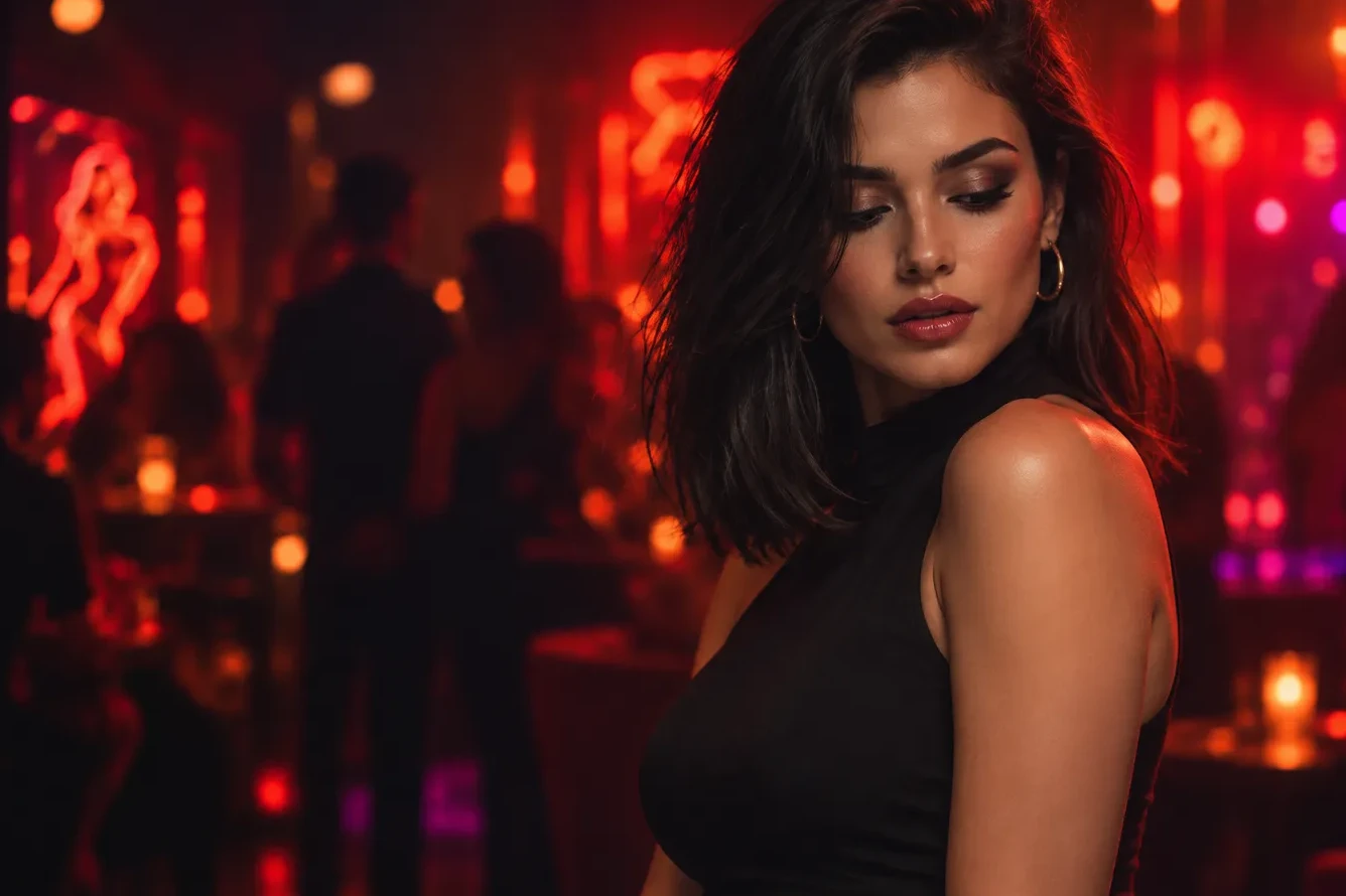 Immagine generata con IA: donna con capelli scuri e abito nero senza maniche in un locale illuminato da luci al neon rosse, con altre persone sfocate alle spalle