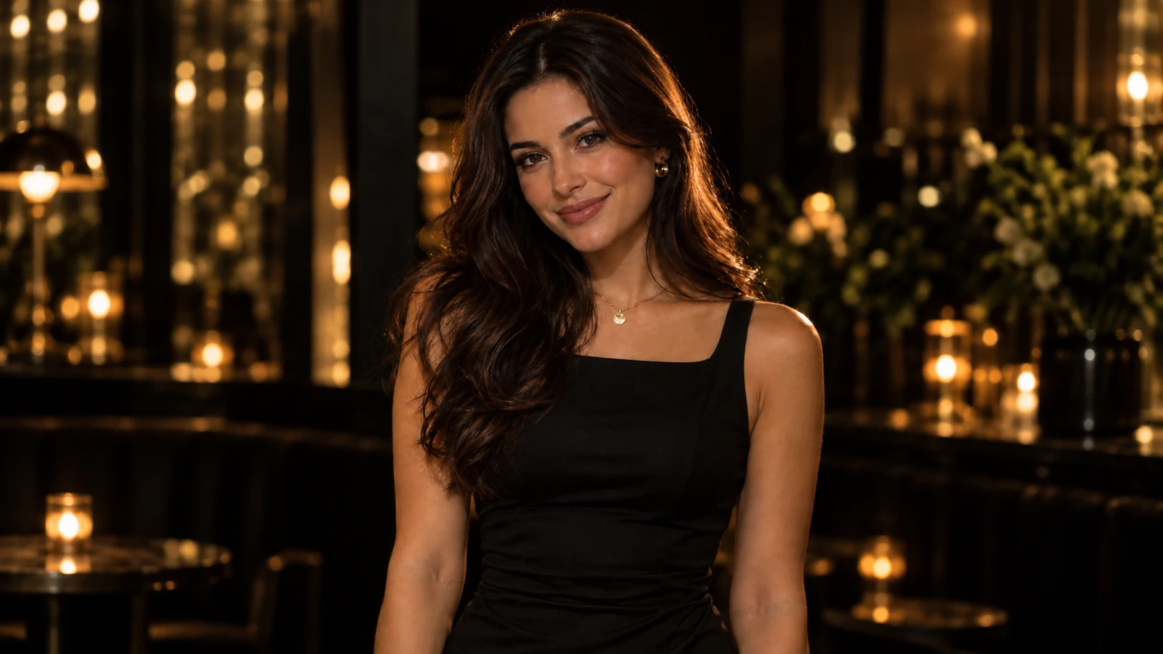 Immagine generata con IA: giovane donna con capelli scuri raccolti e camicia bianca, seduta davanti a uno schermo acceso in una stanza con luci al neon rosse